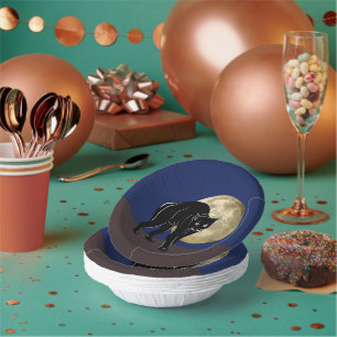 Halloween Prowling Black Cat On A Full Moon Night Paper Plate