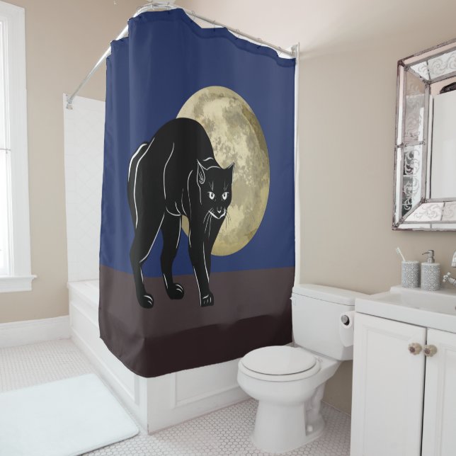 Halloween Prowling Black Cat On A Full Moon Night Shower Curtain (In Situ)