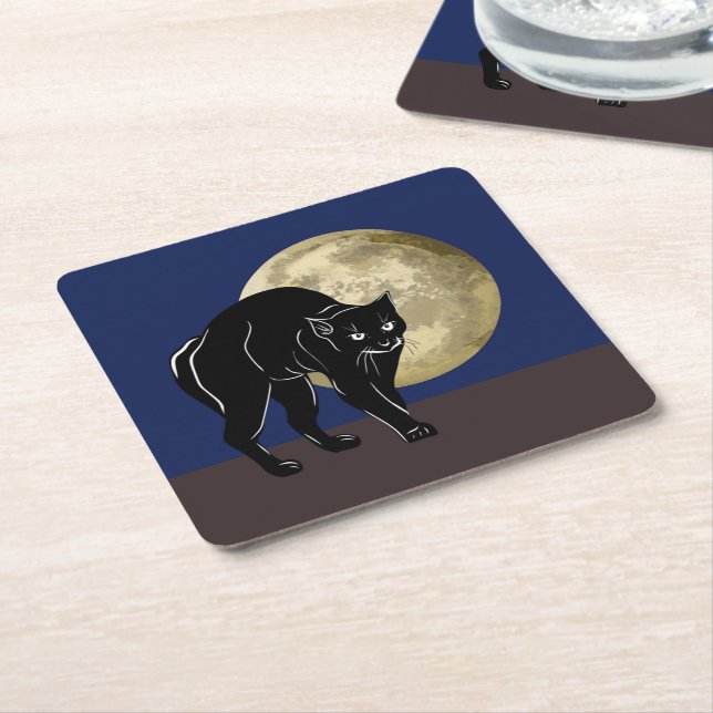 Halloween Prowling Black Cat On A Full Moon Night Square Paper Coaster (Angled)