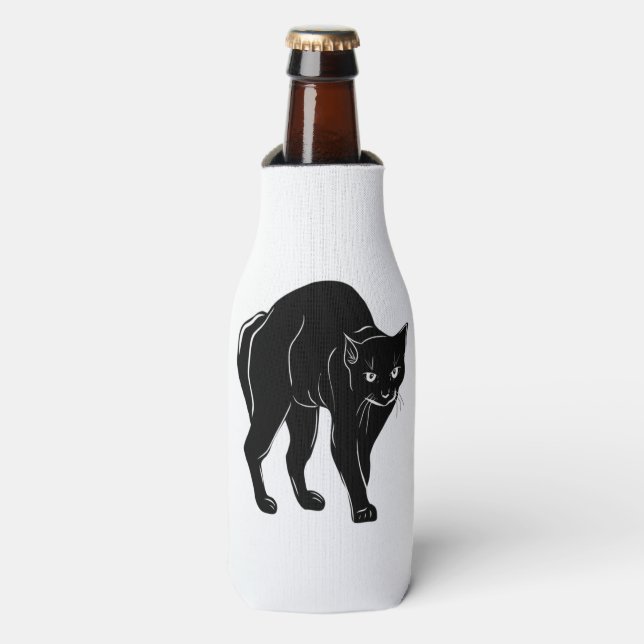 Halloween Prowling Black Cat Silhouette Drawing Bottle Cooler (Bottle Front)