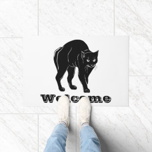 Halloween Prowling Black Cat Silhouette Drawing Doormat