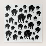 Halloween Prowling Black Cat Silhouette Drawing Jigsaw Puzzle<br><div class="desc">Jigsaw Puzzle tabletop hobby craft and decorative wall hanging art decor printed with a Halloween Prowling Black Cat Silhouette Drawing hand drawn graphic artwork drawing design illustration by TheFabricSeal print on demand shop at Zazzle.com #ZazzleMade ©️Original. https://www.zazzle.com/store/thefabricseal This Halloween classic looking vintage yet modern contemporary simple minimalist style art piece...</div>