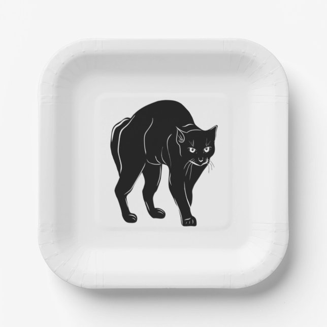 Halloween Prowling Black Cat Silhouette Drawing Paper Plate (Front)