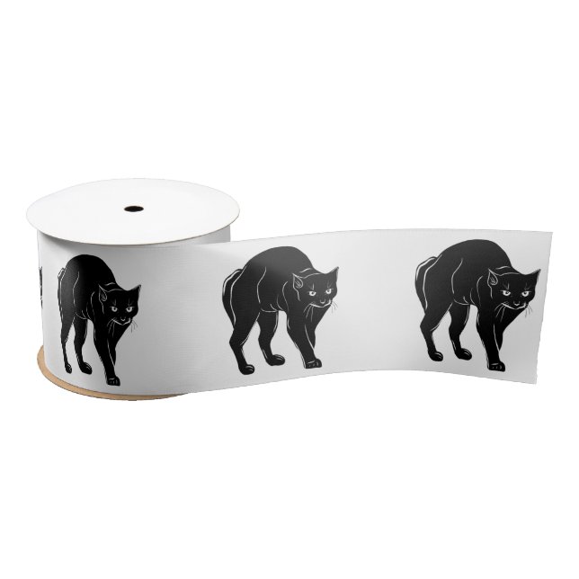 Halloween Prowling Black Cat Silhouette Drawing Satin Ribbon (Spool)