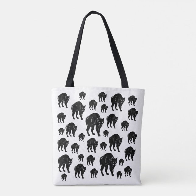 Halloween Prowling Black Cat Silhouette Drawing Tote Bag (Back)