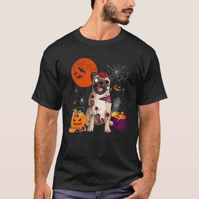 Halloween Pug Dog Scary Zombie Costume Candy Baske T-Shirt (Front)