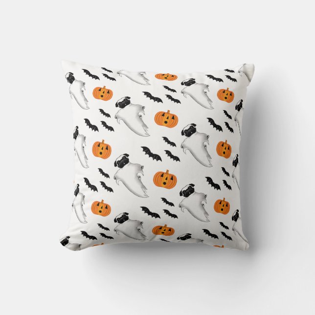 Halloween Pug Ghost Cute Pumpkin and Bats Pattern Cushion (Front)