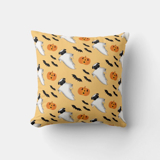 Halloween Pug Ghost Cute Pumpkin Bats Yellow  Cushion (Front)
