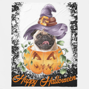 Halloween Pug in Jackolantern Happy Halloween  Fleece Blanket