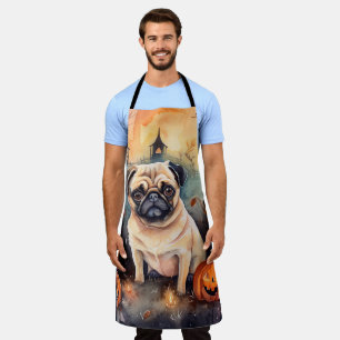 Halloween Pug With Pumpkins Scary Apron