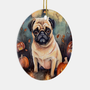Halloween Pug With Pumpkins Scary Ceramic Tree Decoration