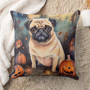 Halloween Pug With Pumpkins Scary Cushion