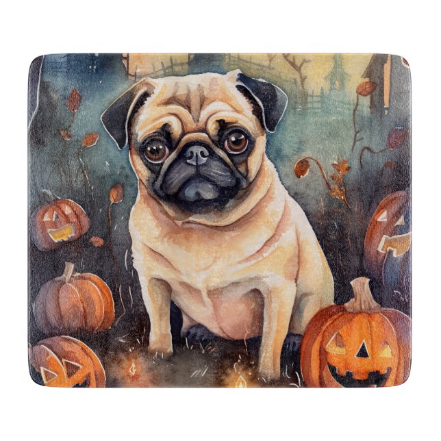 Halloween Pug With Pumpkins Scary Cutting Board (Front)