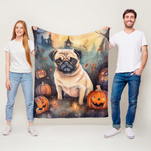 Halloween Pug With Pumpkins Scary Fleece Blanket