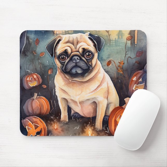 Halloween Pug With Pumpkins Scary Mouse Mat (With Mouse)