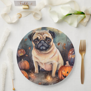Halloween Pug With Pumpkins Scary Paper Plate