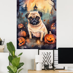 Halloween Pug With Pumpkins Scary Poster