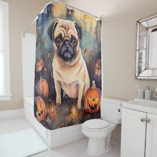 Halloween Pug With Pumpkins Scary Shower Curtain