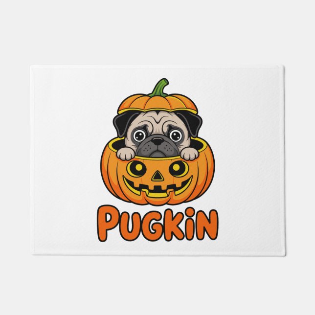 Halloween Pugkin, Pumpkin Pug Dog Doormat (Front)