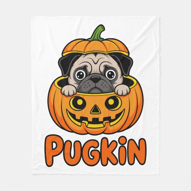 Halloween Pugkin, Pumpkin Pug Dog Fleece Blanket (Front)