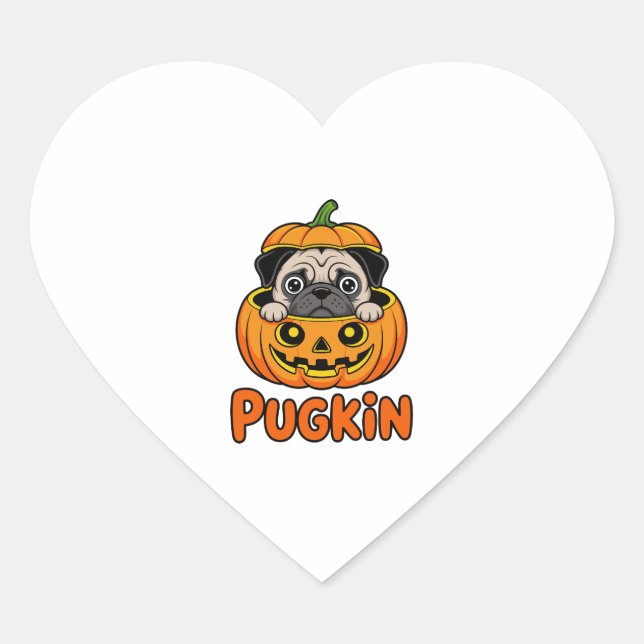 Halloween Pugkin, Pumpkin Pug Dog Heart Sticker (Front)