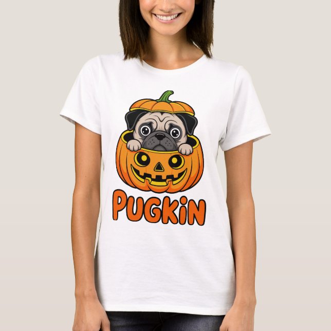 Halloween Pugkin, Pumpkin Pug Dog T-Shirt (Front)