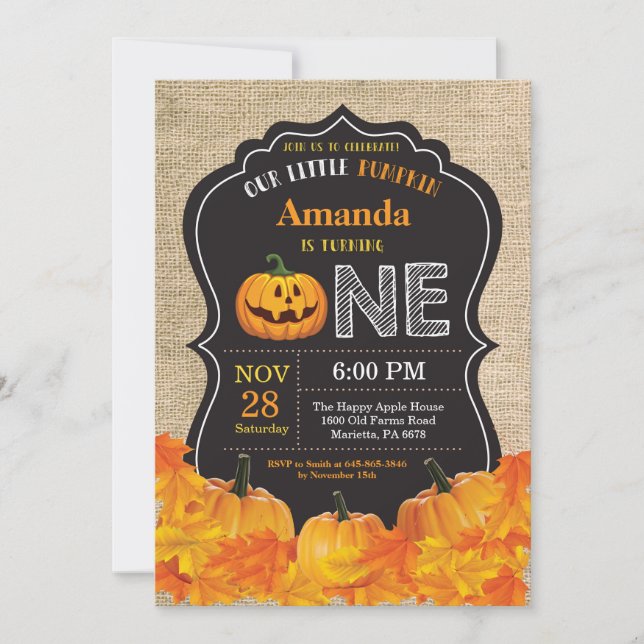 Halloween Pumpkin 1st Birthday Invitation Burlap (Front)