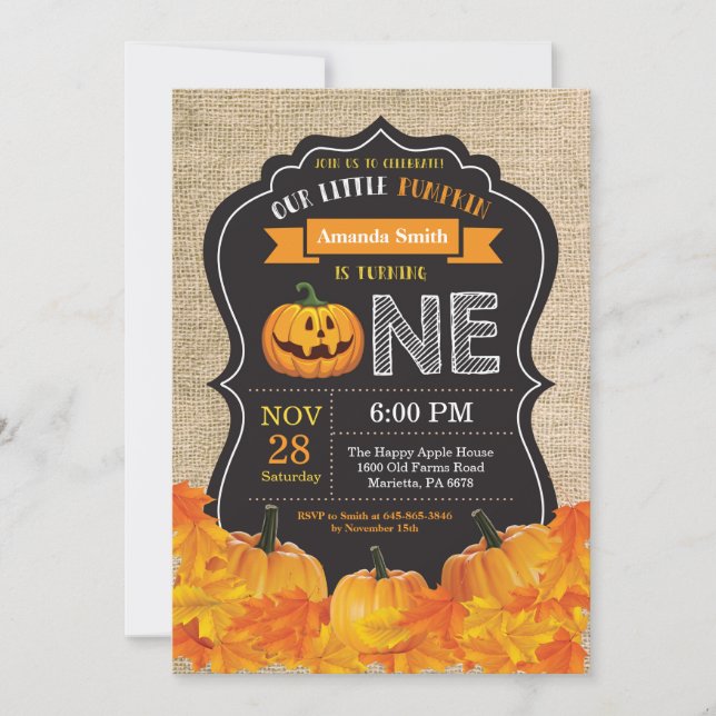 Halloween Pumpkin 1st Birthday Invitation Burlap (Front)