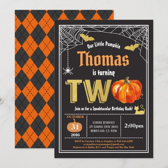 Halloween pumpkin 2nd  birthday party Black gold Invitation (Front/Back)