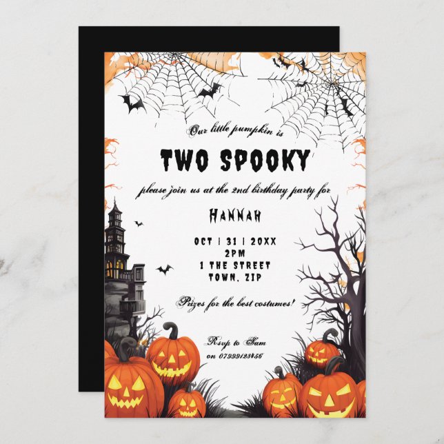 Halloween pumpkin 2nd birthday party invitation (Front/Back)