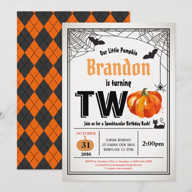 Halloween pumpkin 2nd second birthday party rustic invitation (Front/Back)