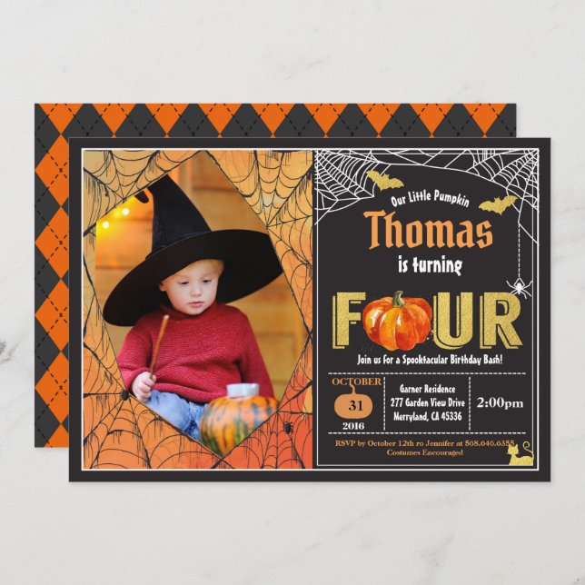Halloween pumpkin 4th birthday party photo invitation (Front/Back)