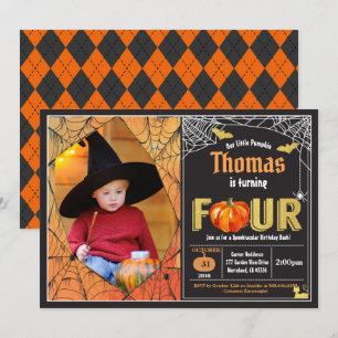 Halloween pumpkin 4th birthday party photo invitation