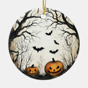 Halloween Pumpkin and Bat  Ceramic Tree Decoration