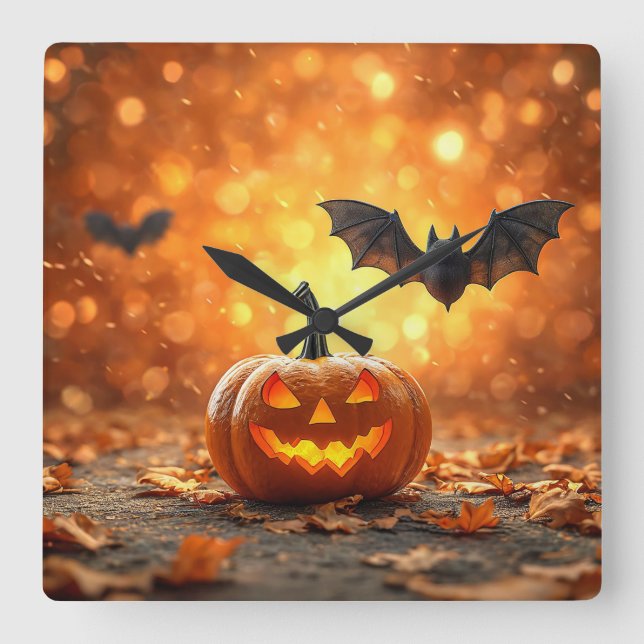 Halloween pumpkin and bat square wall clock (Front)