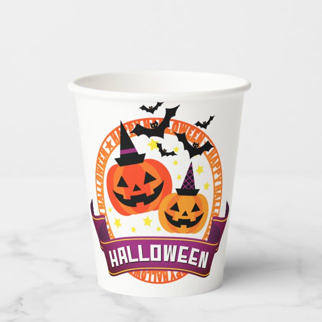Halloween Pumpkin And Bats Paper Plate Cups (Front)