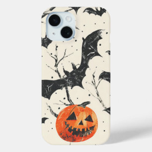 Halloween Pumpkin and Bats Pattern Vintage Fall iPhone 15 Case