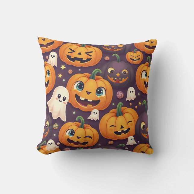 Halloween pumpkin and cute ghost friends cushion (Front)