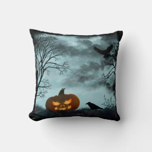 Halloween pumpkin and raven cushion