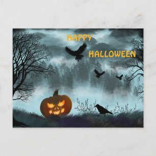 Halloween pumpkin and raven invitation postcard
