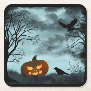 Halloween pumpkin and raven square paper coaster
