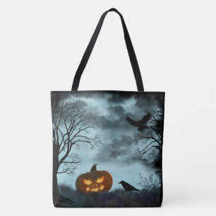 Halloween pumpkin and raven tote bag