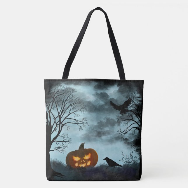 Halloween pumpkin and raven tote bag (Front)