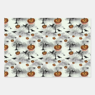 Halloween pumpkin and raven wrapping paper sheet