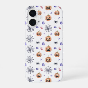 Halloween Pumpkin and Spider Web Pattern iPhone 16 Case