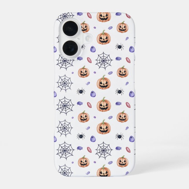 Halloween Pumpkin and Spider Web Pattern iPhone 16 Case (Back)