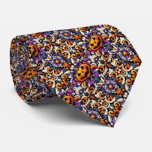 Halloween Pumpkin Art Deco Floral Pattern Tie