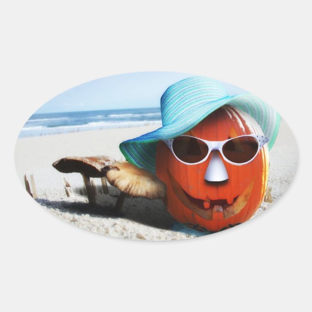 Halloween Pumpkin At The Beach Oval Sticker (Front)