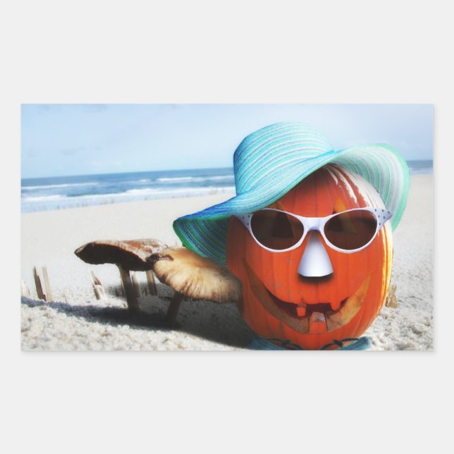 Halloween Pumpkin At The Beach Rectangular Sticker (Front)