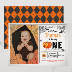 Halloween pumpkin baby 1st first birthday photo invitation